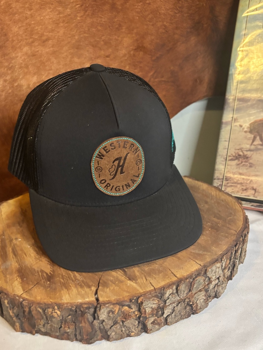 Hooey Western Original Black Trucker Hat | Leather Patch Snapback Cap